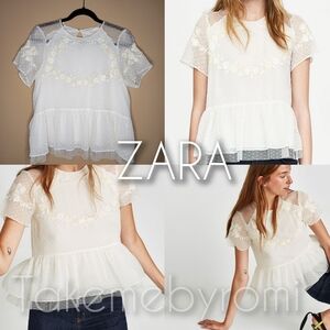 Zara | Short Sleeve Swiss Dot Sheer Tulle Blouse with Embroidered Flowers MEDIUM